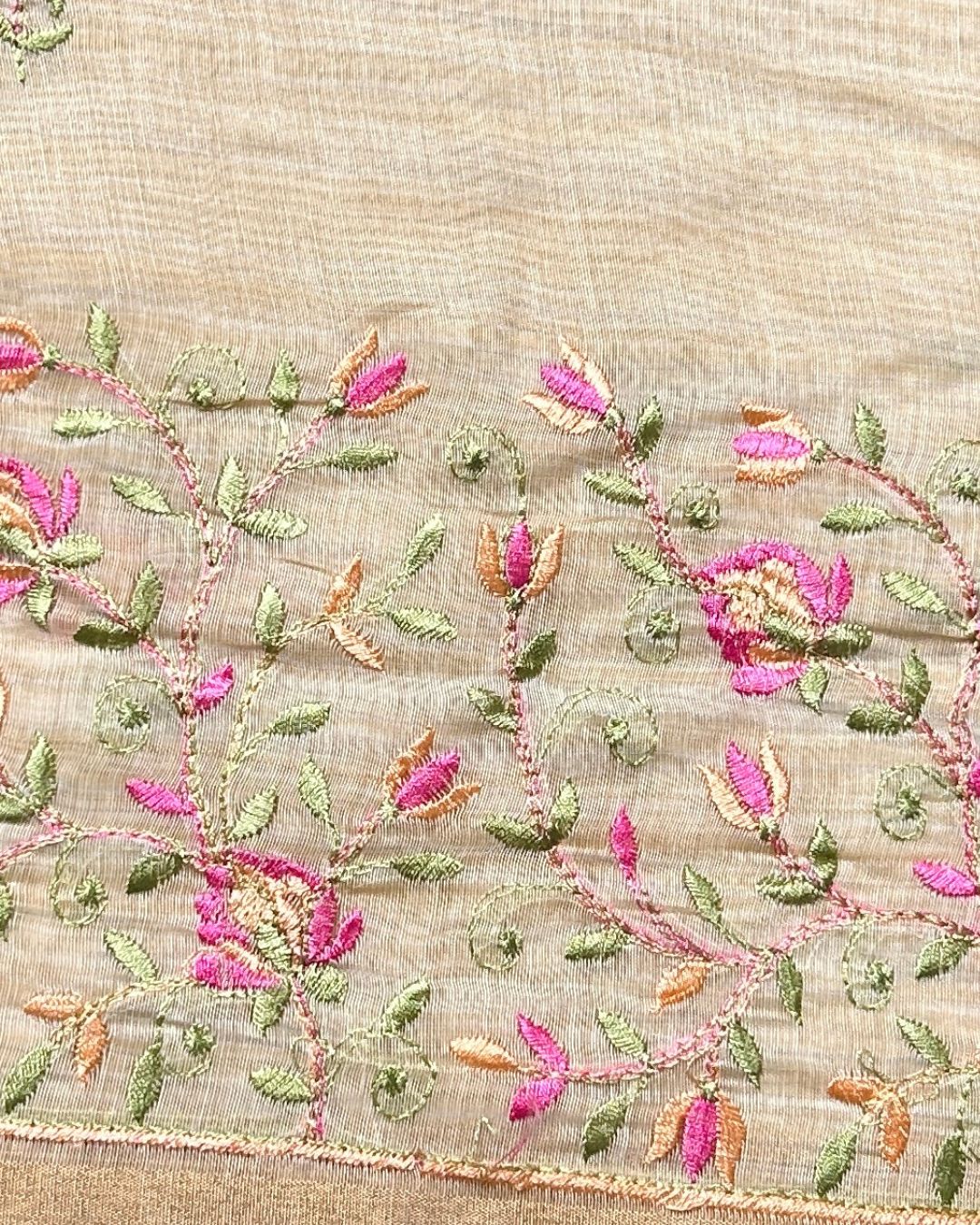 Golden Beige Tissue Cotton Saree with Elegant Pink Floral Thread Embroidery