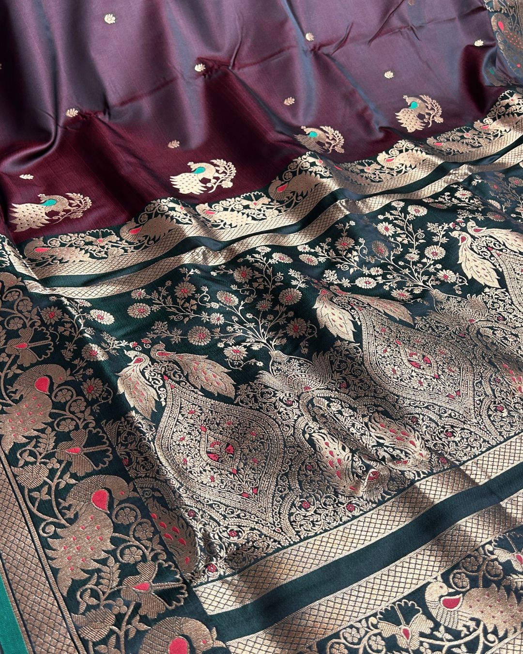 Maroon Colour Satin Silk Paithani with Meenakari Peacock Butti