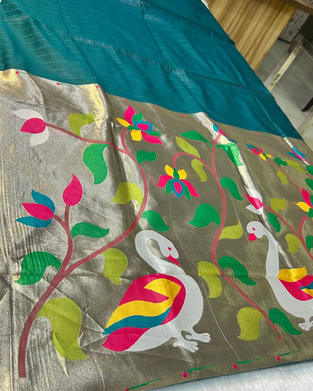 Rama Green Colour Cotton Jamdani Saree with Sequin Work