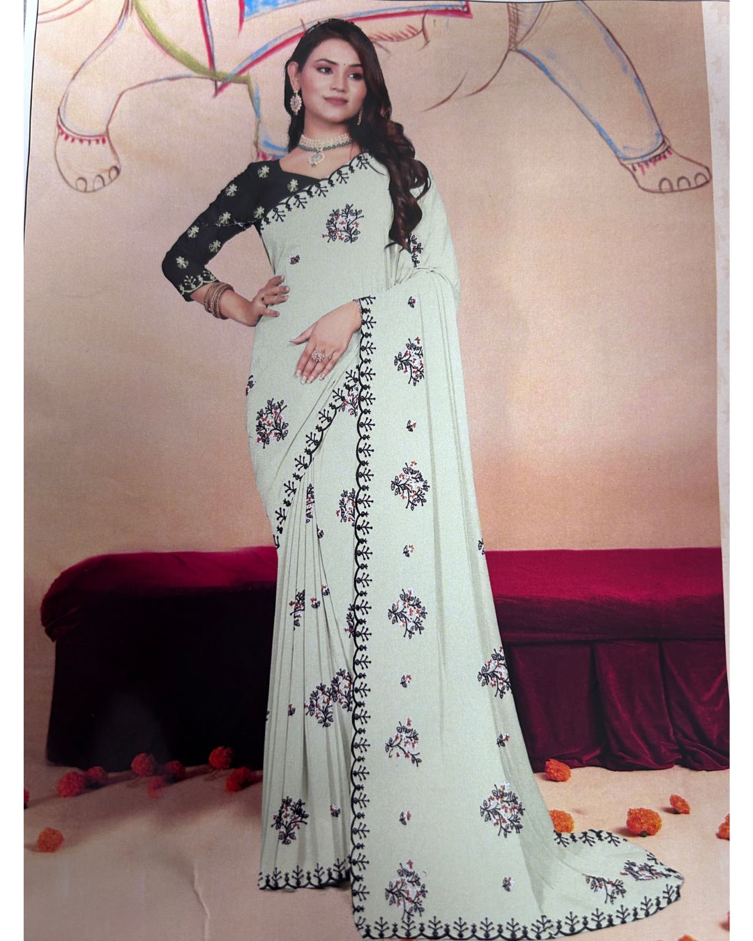 Elehat Off White Saree With Black Floral Embroidery Work Saree