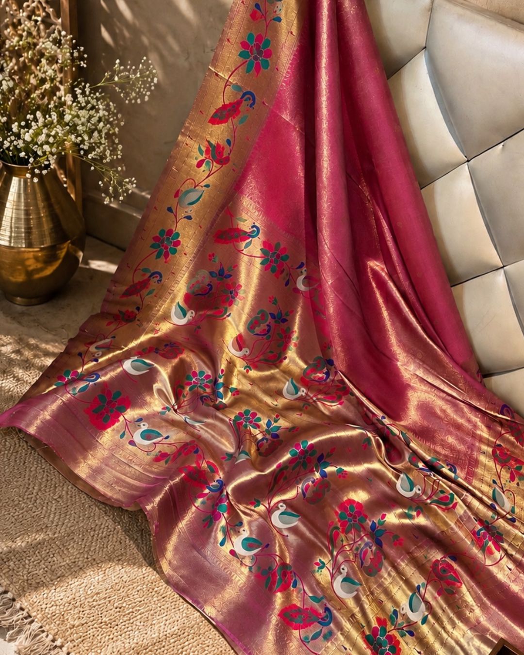 Vibrant Pink Colour Shimmer Bamboo Tissue Silk Saree