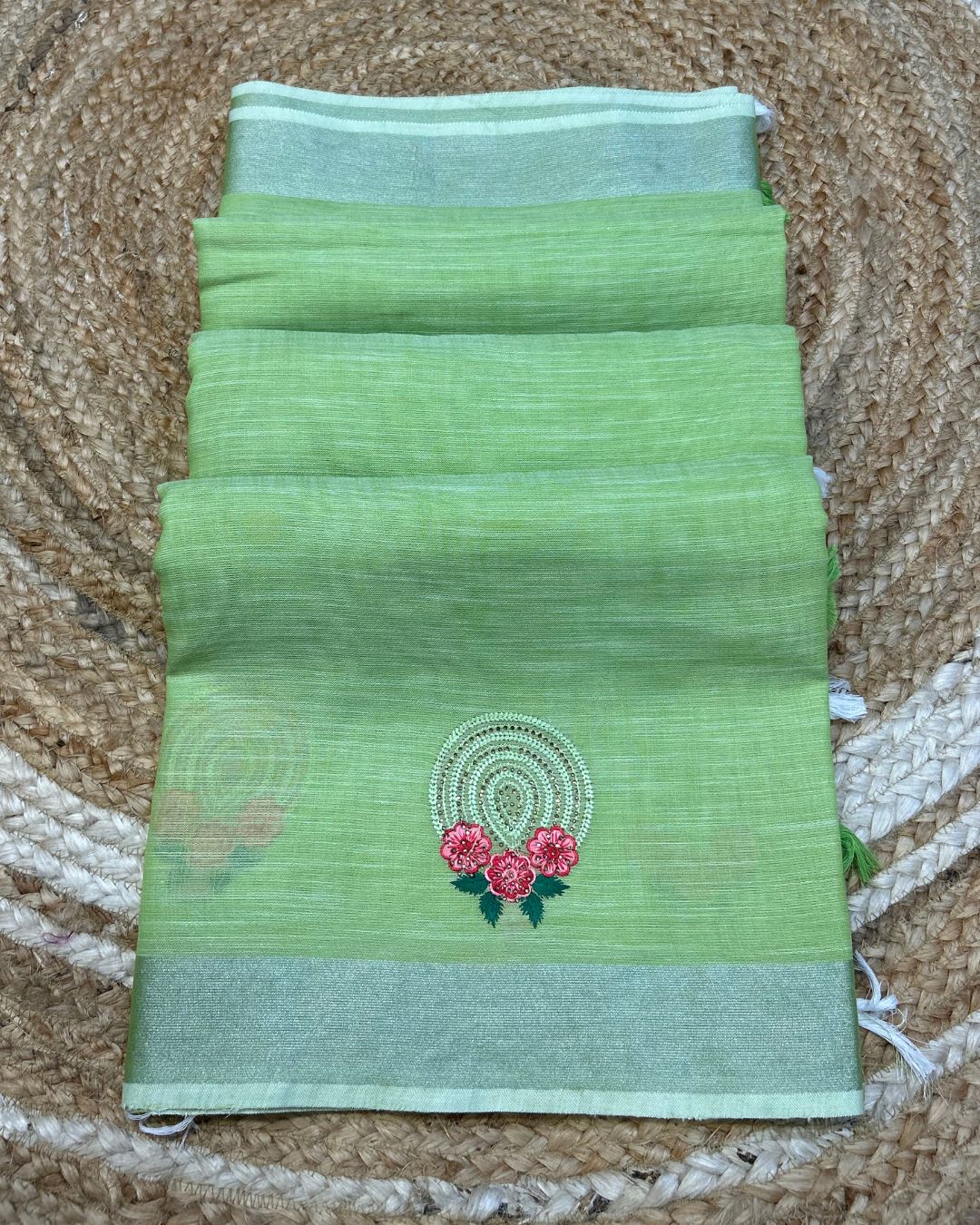 Light Parrot Green Colour Linen Cotton Saree