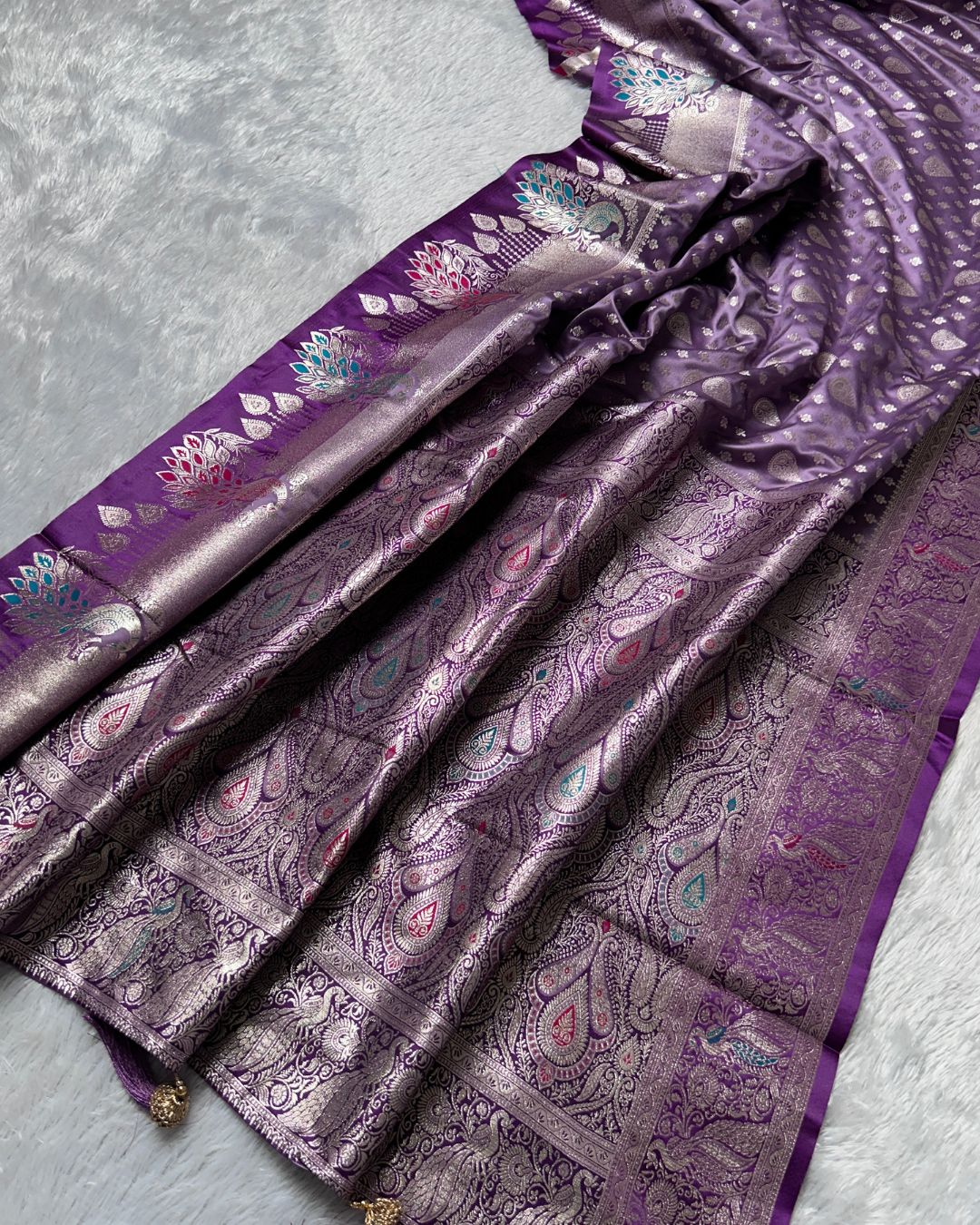 Lavender Colour Paithani Silk Saree with Multicolour Peacock Design & Rich Zari Border