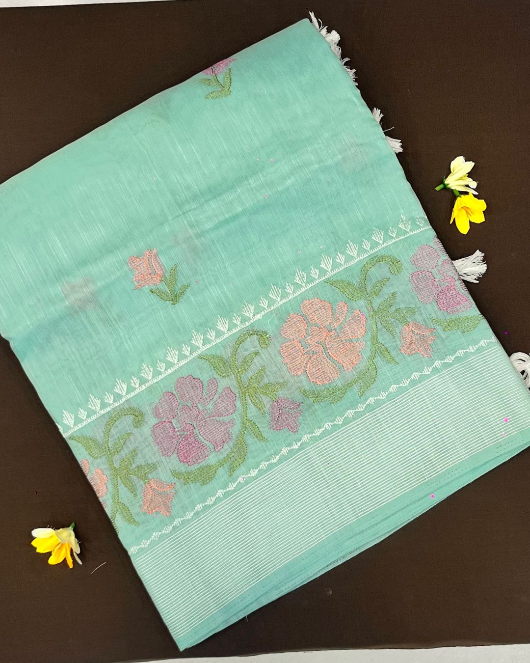 Sea Green Colour Cotton Floral Embroidery Saree