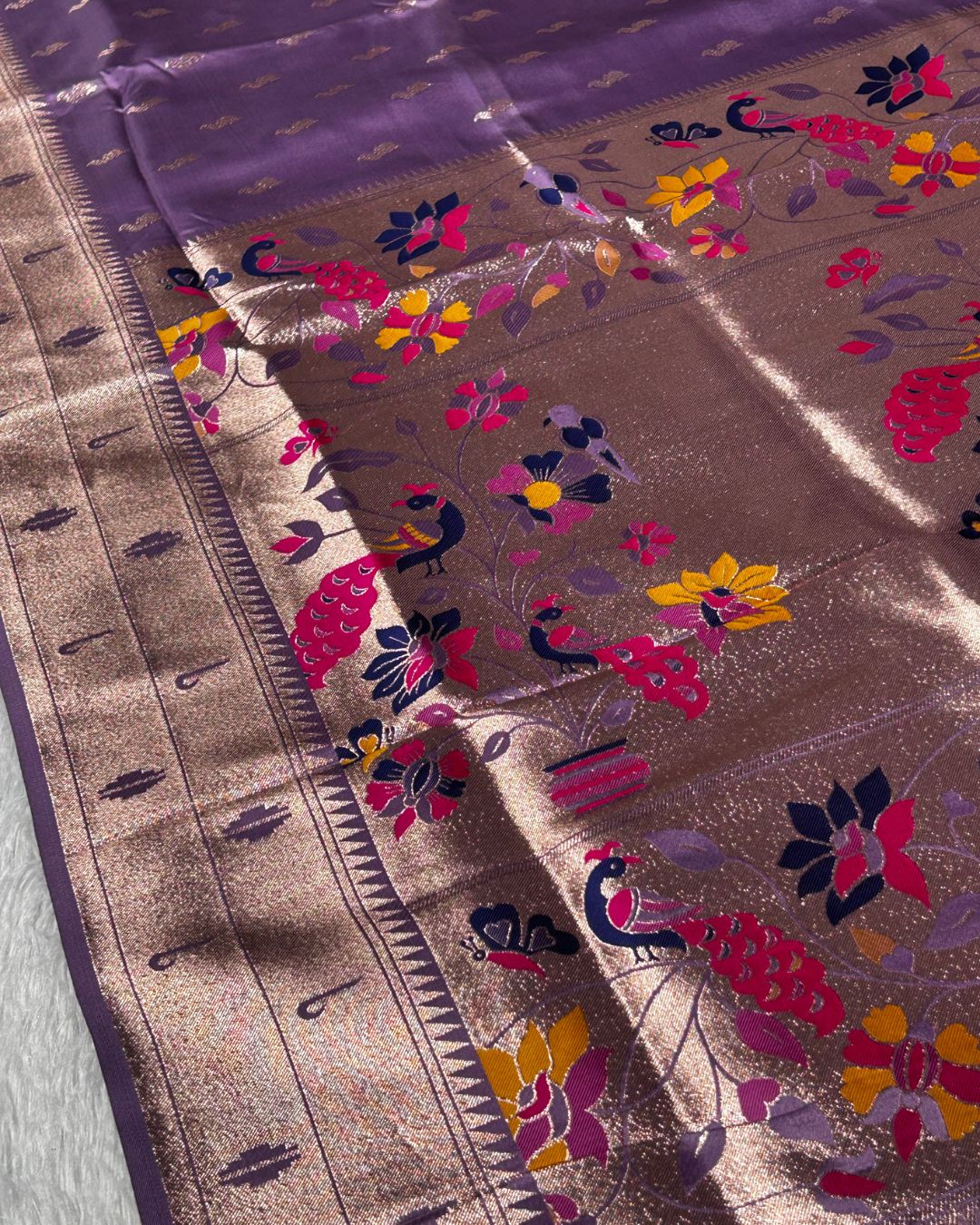 Lavender Colour Soft Satin Silk Peacock Butti Saree