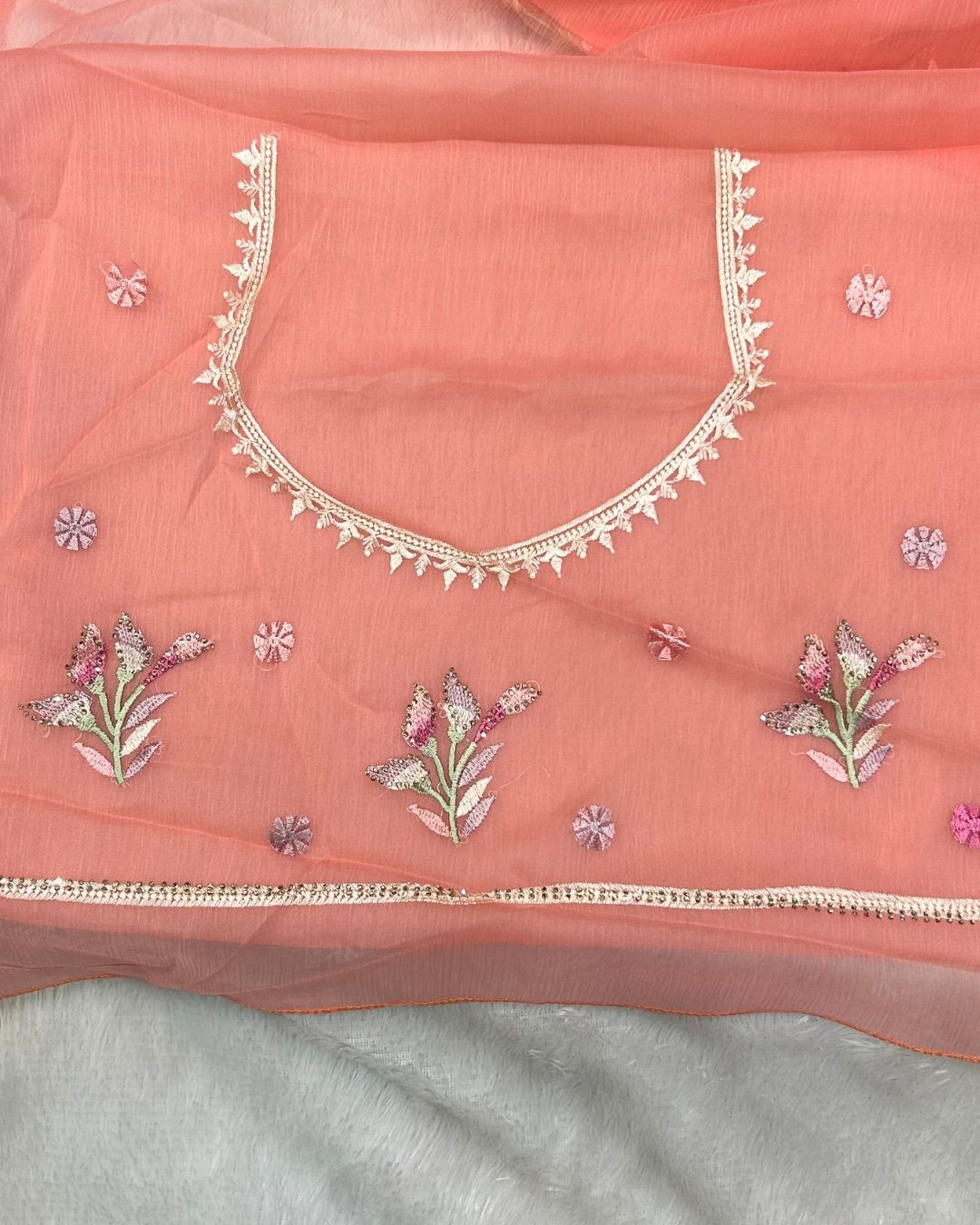 Peach Colour Crunchy Silk Thread Work Saree