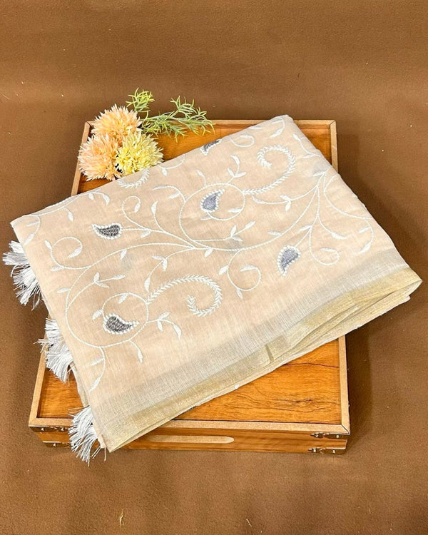 Light orange Colour Cotton Thread Work Saree