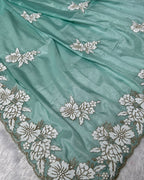 Mint Green Colour Shimmer Saree with Heavy Floral Embroidery Border