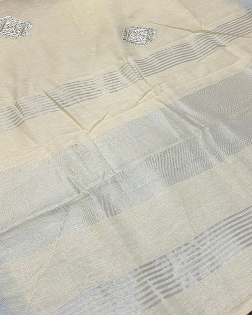 Cream Beige Colour Linen Cotton Saree