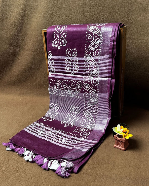 Wine Colour Cotton Bandhani Printed Saree