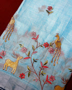 Pastel Sky Blue Colour Linen Cotton Thread work Saree