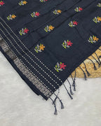 Black Colour Katha Work Cotton Saree