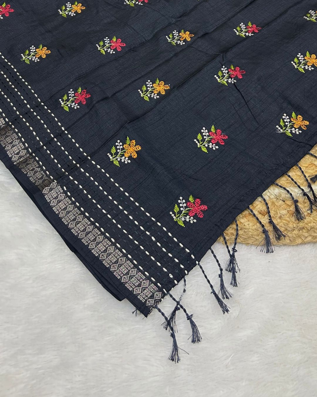 Black Colour Katha Work Cotton Saree