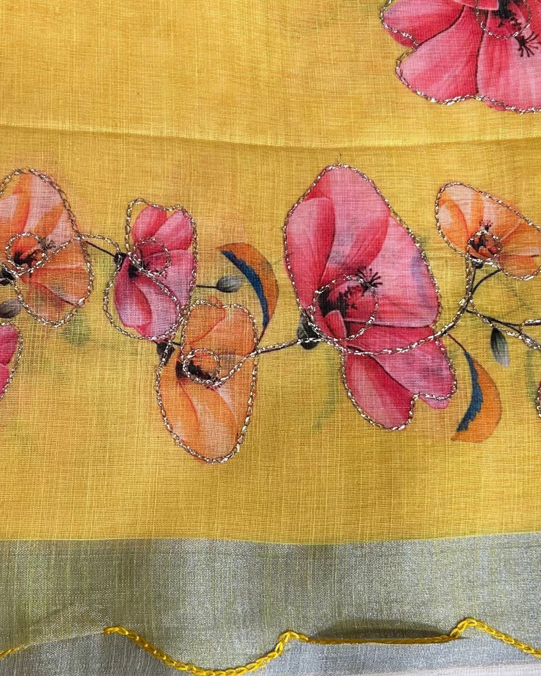Yellow Colour Linen Cotton Digital Printed Saree