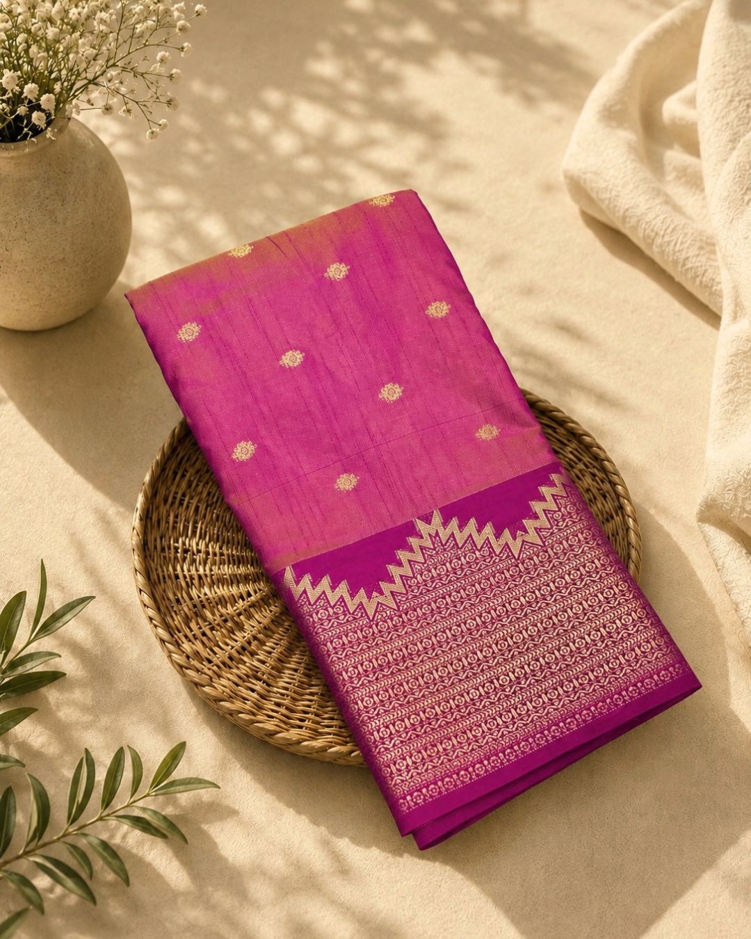 Pinkish Orange Colour Semi Silk Dual Shine Zari Saree
