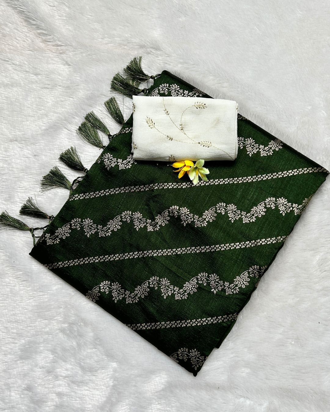 Dark Mehendi Green Colour Vichitra Silk Foil Print with Contrast Blouse Piece
