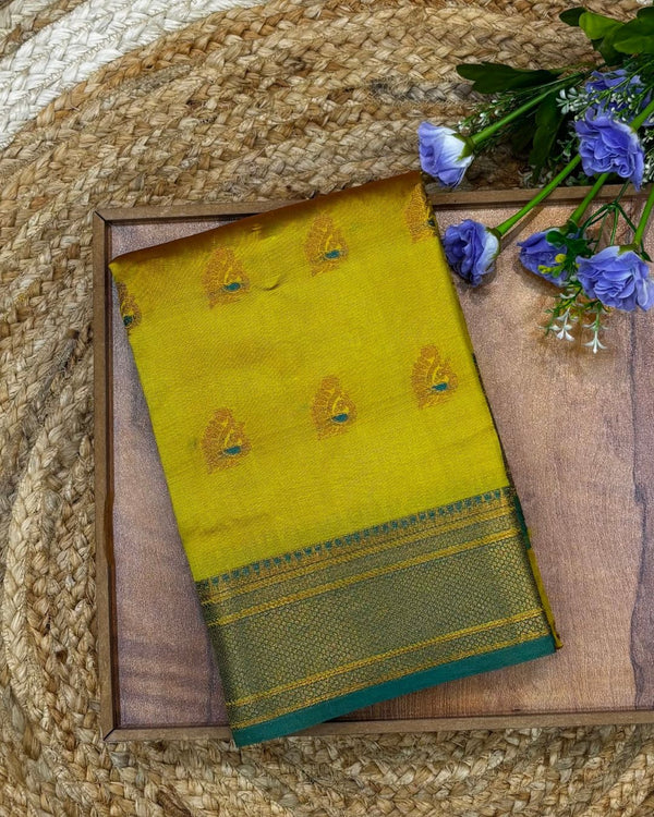 Parrot Green Colour Semi Silk Temple Border Zari Saree