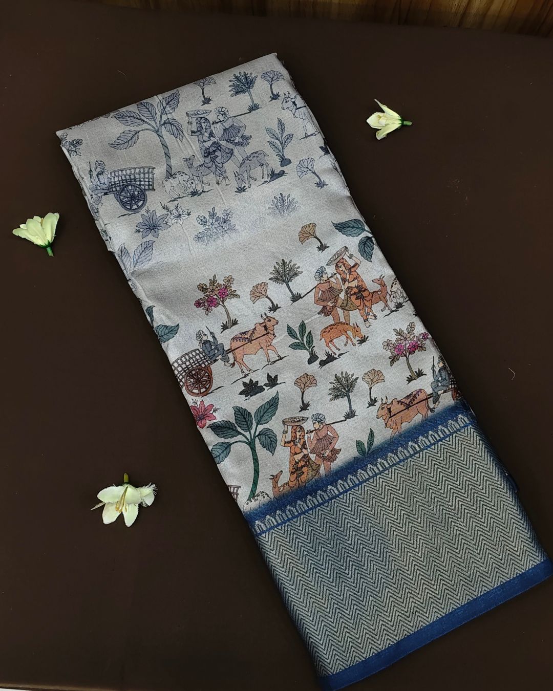 Grey Colour Tussar Silk Printed Saree