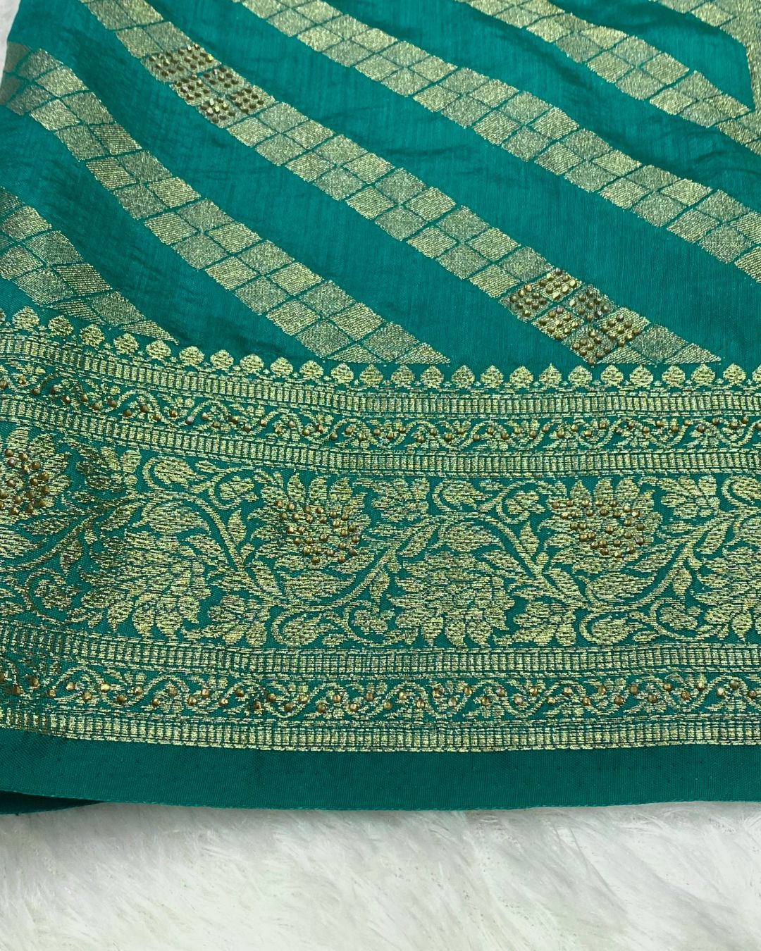 Peacock Blue Colour Vichitra Silk Swarovski Work Saree