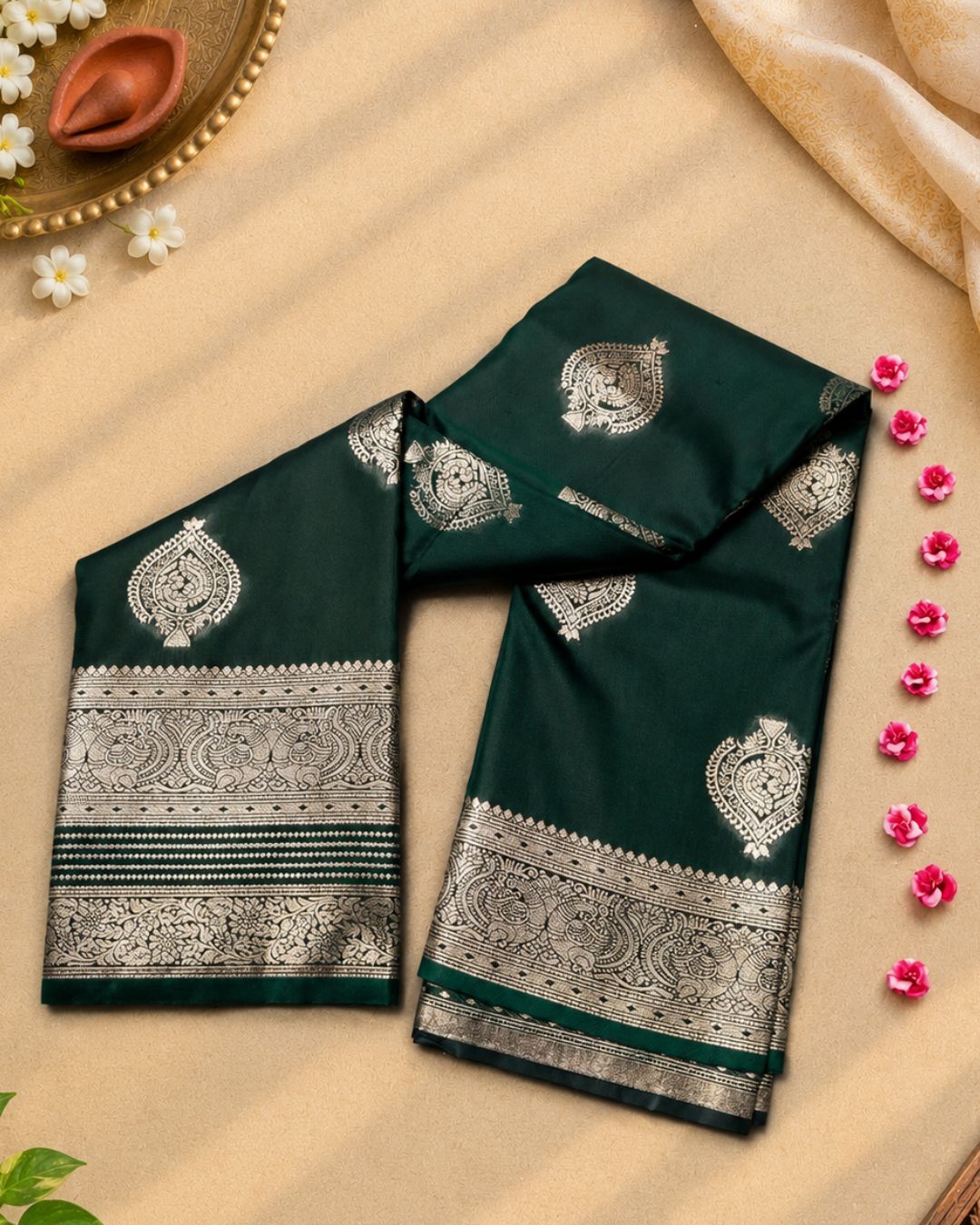 Forest Green Colour Semi-Silk Saree with Rich Zari Pallu