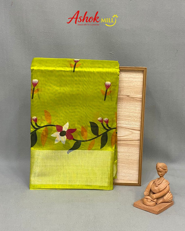Parrot Green Colour Cotton-Blend Floral Printed Saree