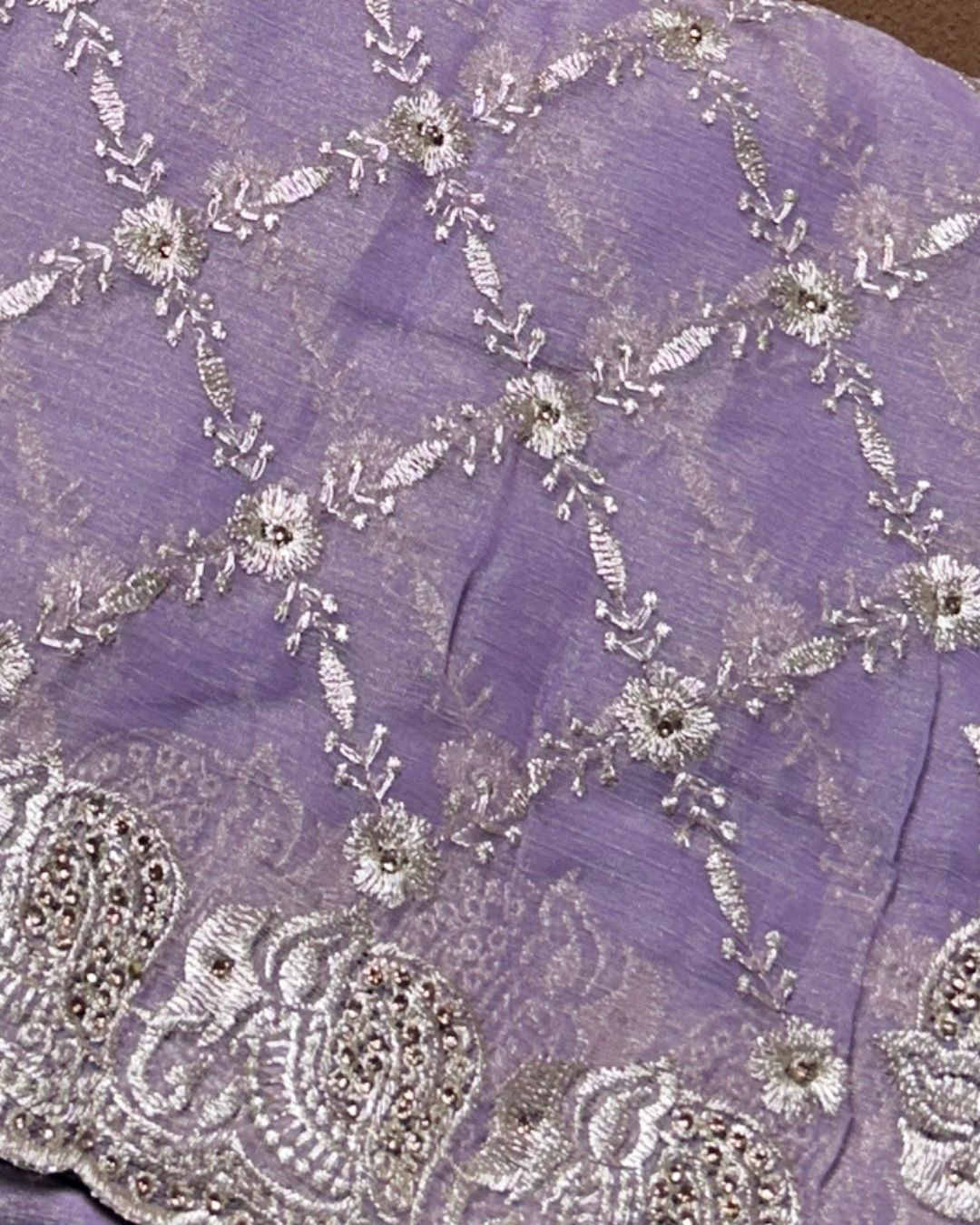Lavender Colour Shimmer Chiffon Saree with Embroidery Work