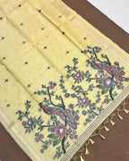 Cream Beige Gold Colour Lotus Flower Thred work Cotton Saree