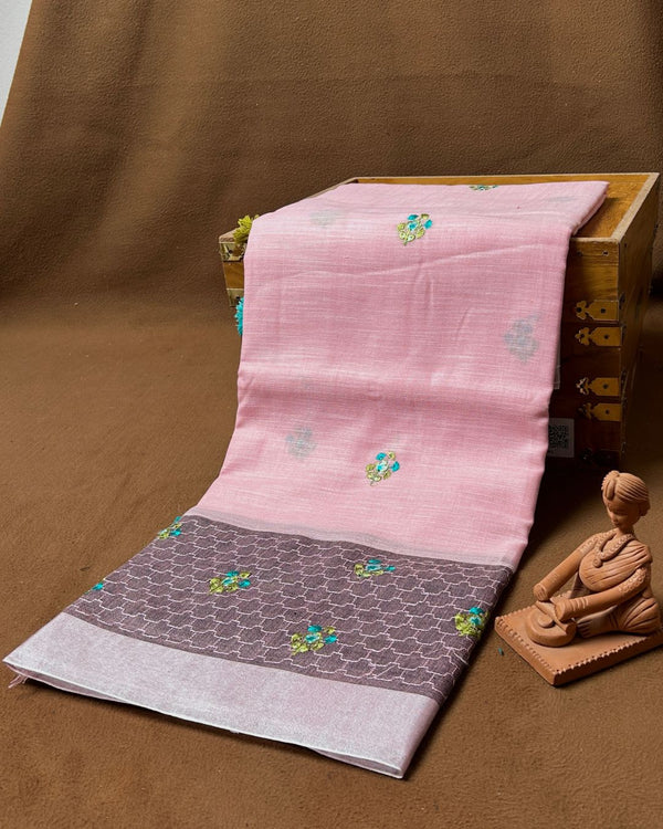 Rose Pink  Colour Cotton Floral Embroidery Saree
