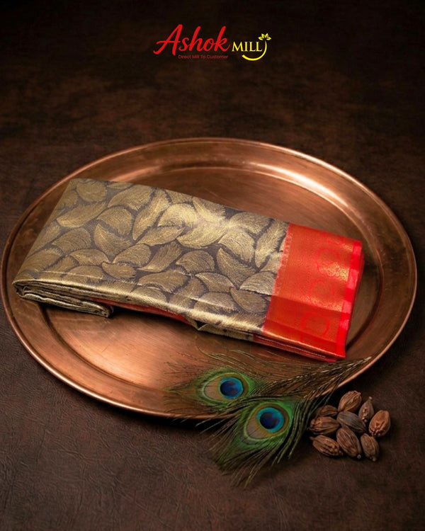 Grey Colour Kanjivaram Silk Saree with Contrast Border
