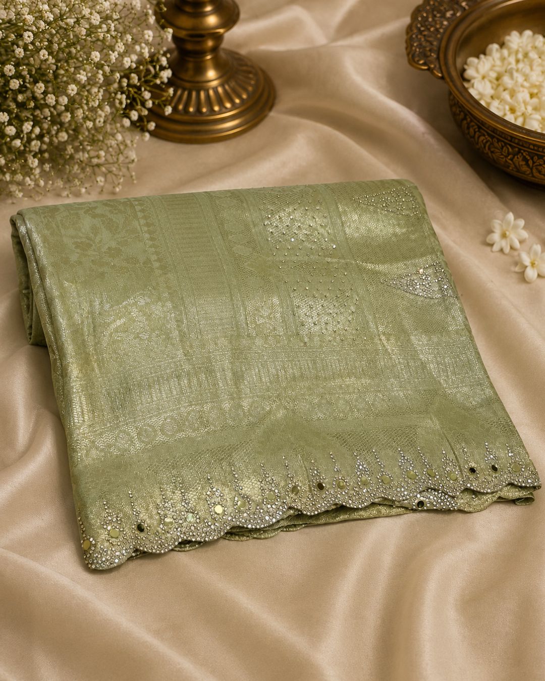 Pastel Lime Green Colour Jarkan Cut Work Border Tissue Silk Saree M 15238