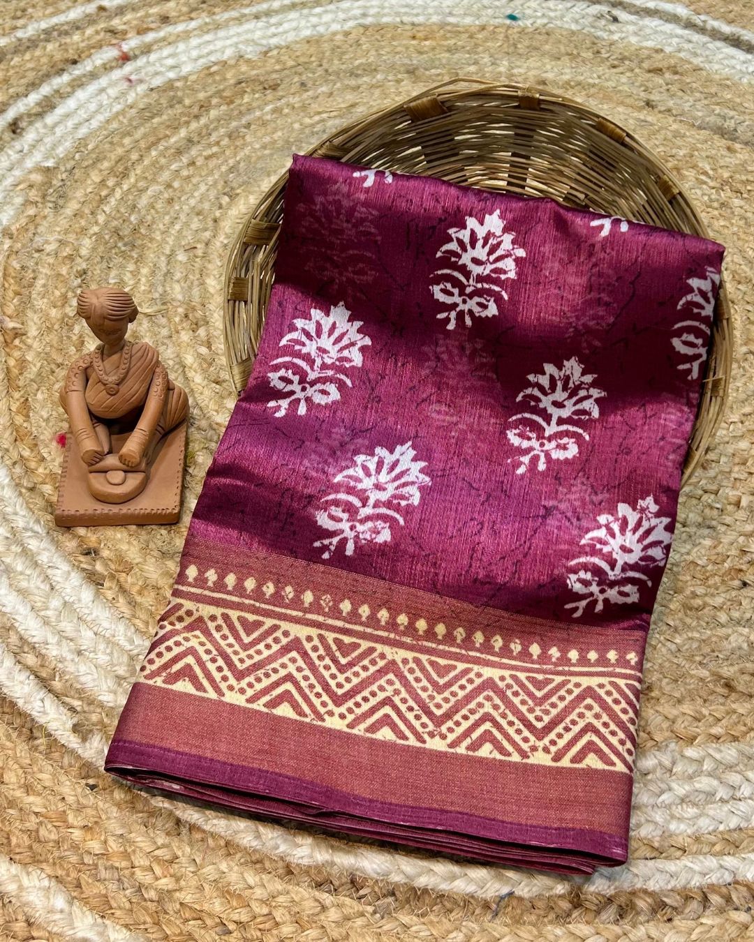 Burgundy Colour Cotton-Blend Floral Printed Saree