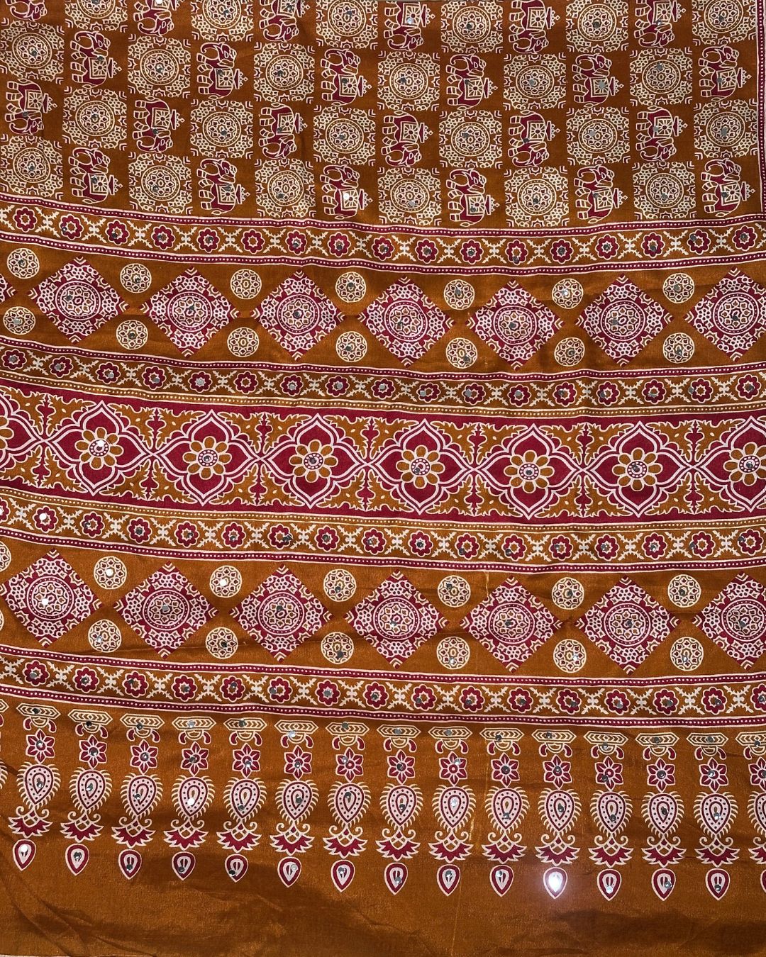 Mustard Yellow Colour Ajrakh Mirror Work Muslin Silk Saree