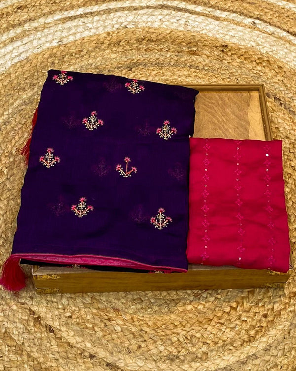 Purple Colour Vichitra Silk Saree with Contrast Blouse Piece