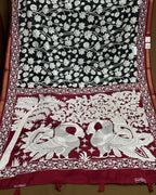 Black Colour Mal Cotton Kalamkari Printed Saree with Contrast Blouse