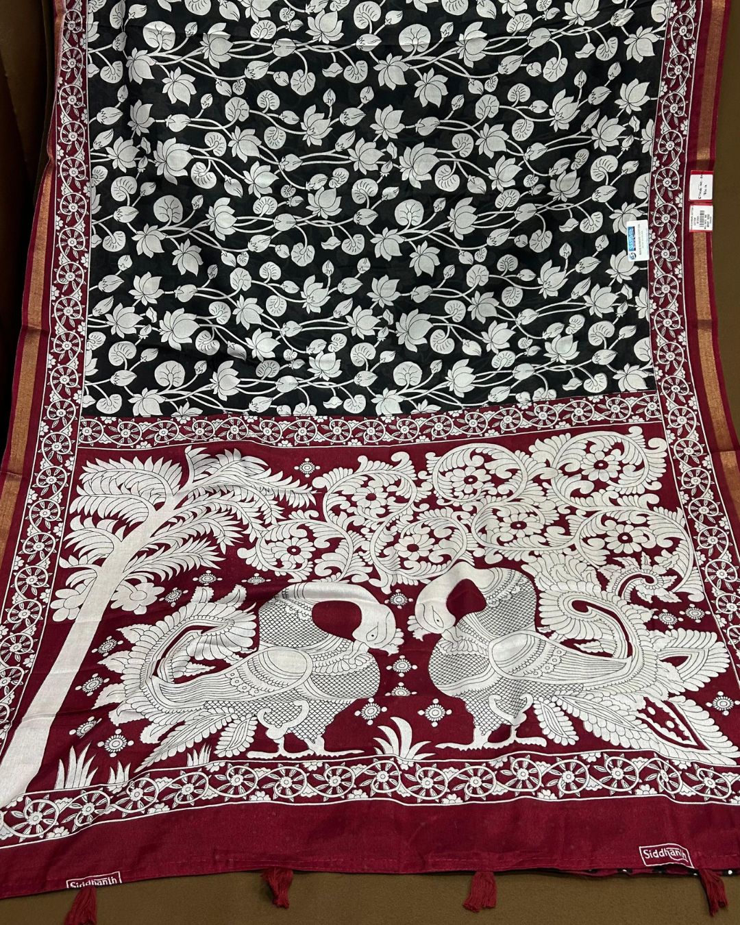 Black Colour Mal Cotton Kalamkari Printed Saree with Contrast Blouse