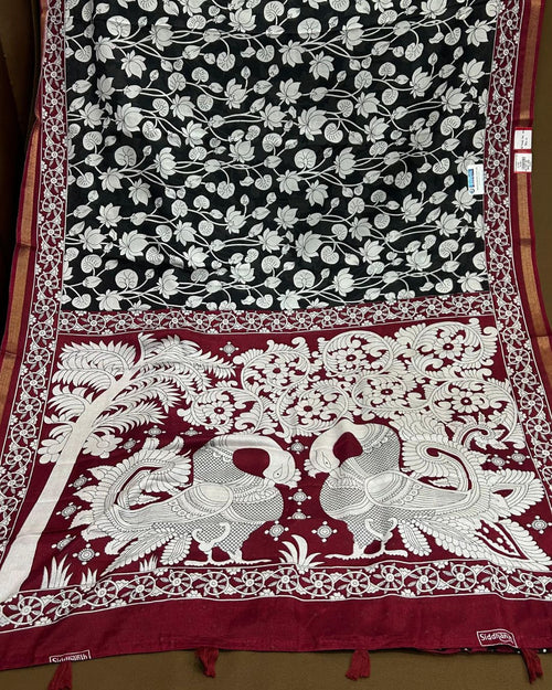 Black Colour Mal Cotton Kalamkari Printed Saree with Contrast Blouse
