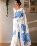 White Colour Linen Floral Cotton Saree