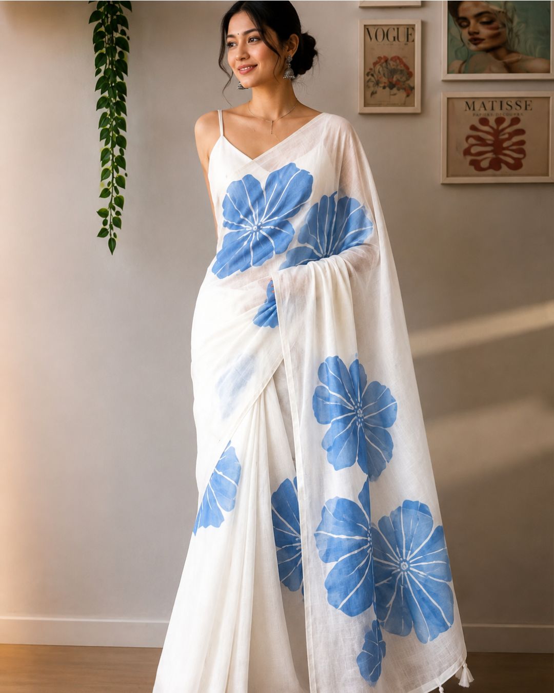 White Colour Linen Floral Cotton Saree