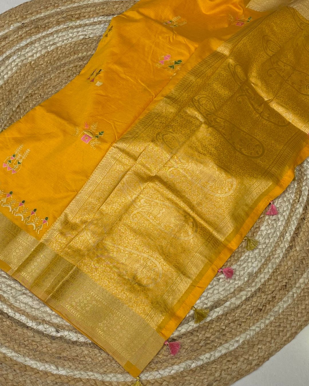 Mango Yellow Colour Cotton Silk Warli Design Saree