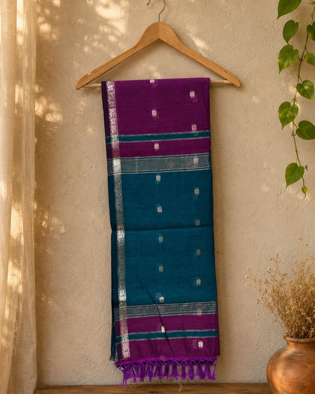 Wine Colour Maheshwari Cotton Saree with Contrast Blouse