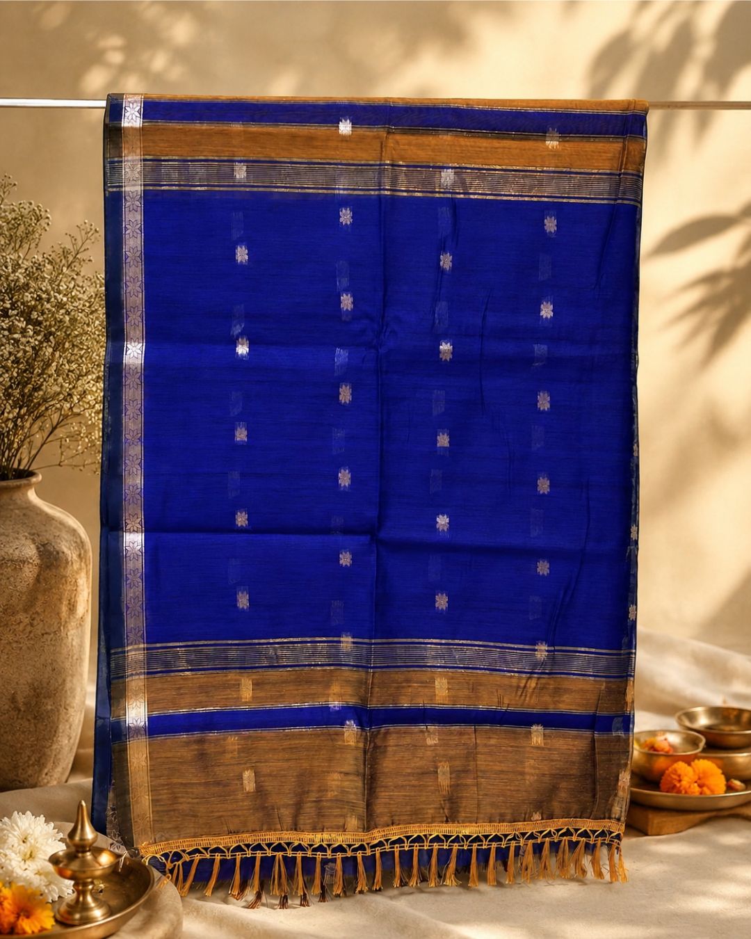 Mustard Yellow Colour Maheshwari Cotton Saree with Contrast Pallu & Blouse