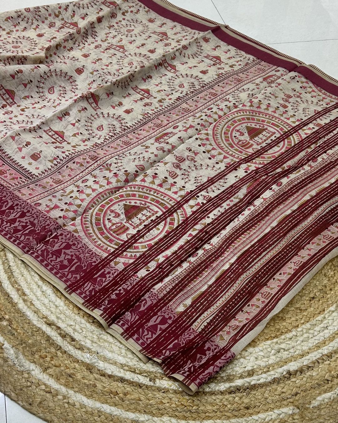 Off White Colour Cotton Warli Design Saree
