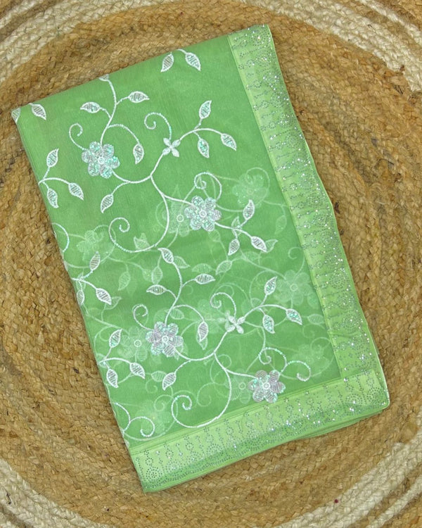 Light Parrot Green Colour Twill Net Sequin Work Saree