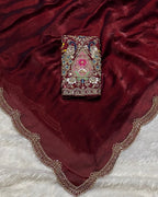 Maroon Colour Fandy Saree With Heavy work Blouse Piece