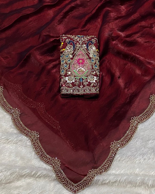 Maroon Colour Fandy Saree With Heavy work Blouse Piece