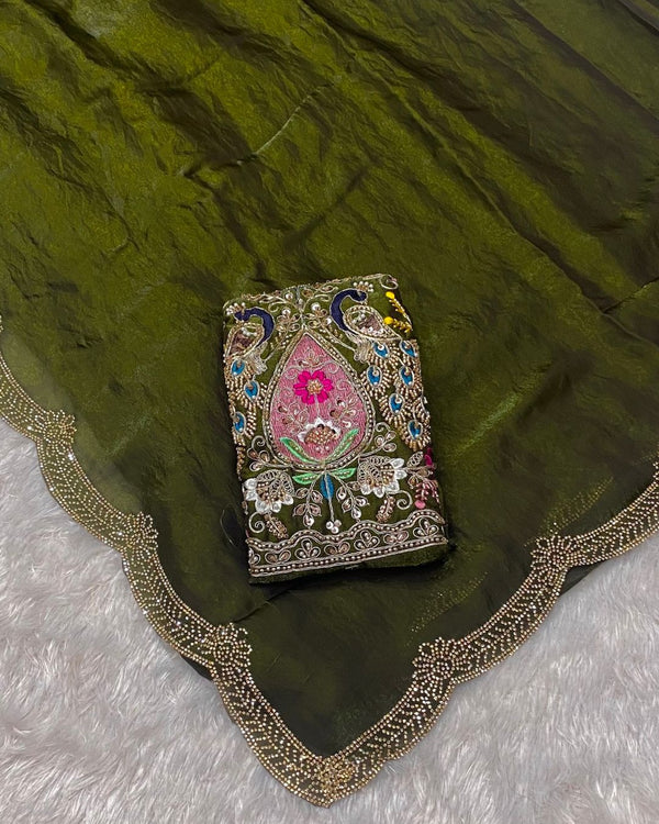 Mehendi Green Colour Fandy Saree With Heavy work Blouse Piece
