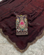 Dark Wine Colour Fandy Saree With Heavy work Blouse Piece