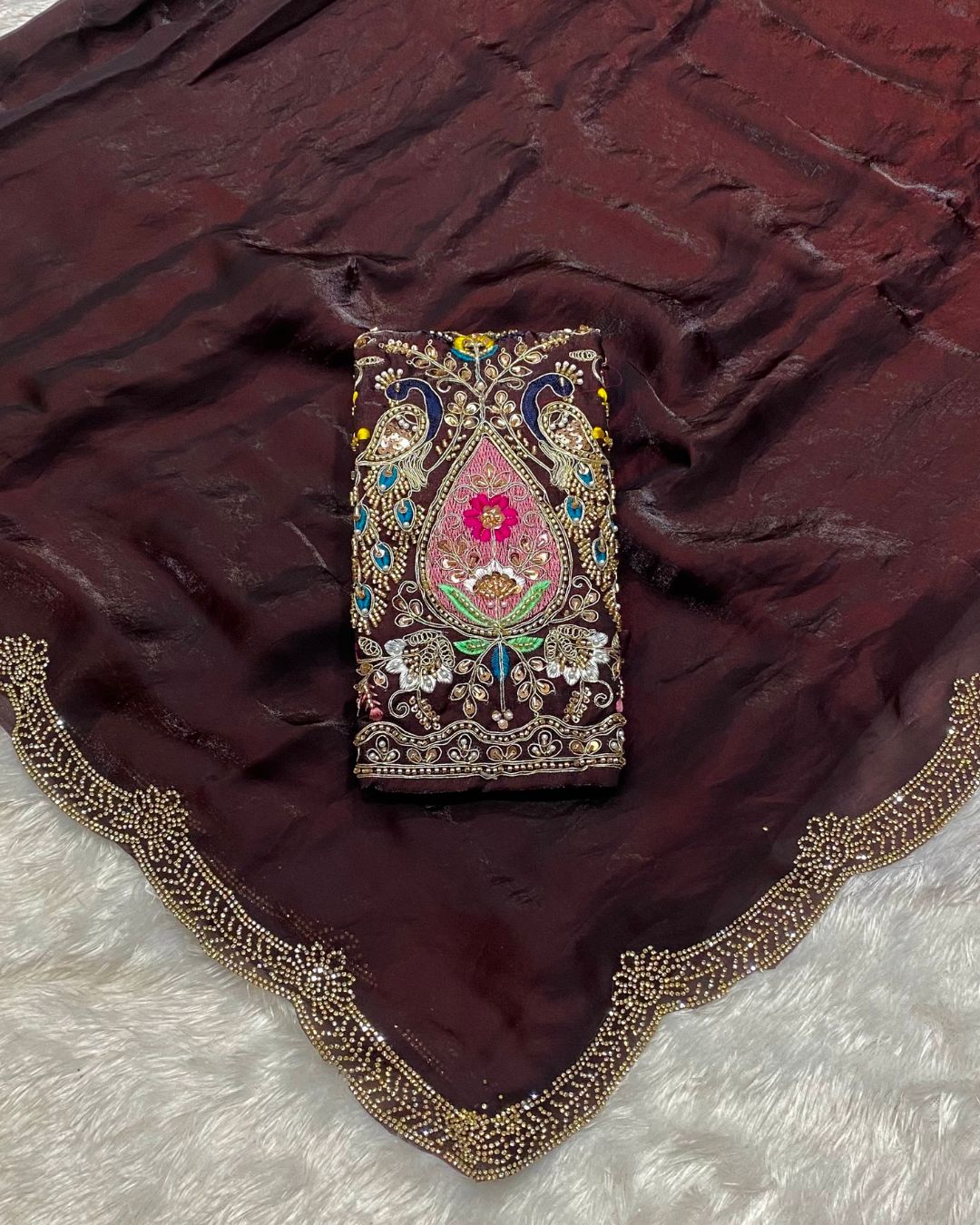 Dark Wine Colour Fandy Saree With Heavy work Blouse Piece