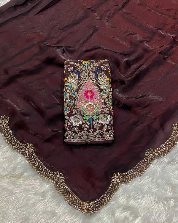 Dark Wine Colour Fandy Saree With Heavy work Blouse Piece