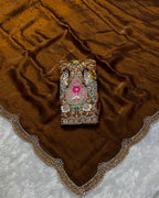 Copper Brown Colour Fandy Saree With Heavy work Blouse Piece